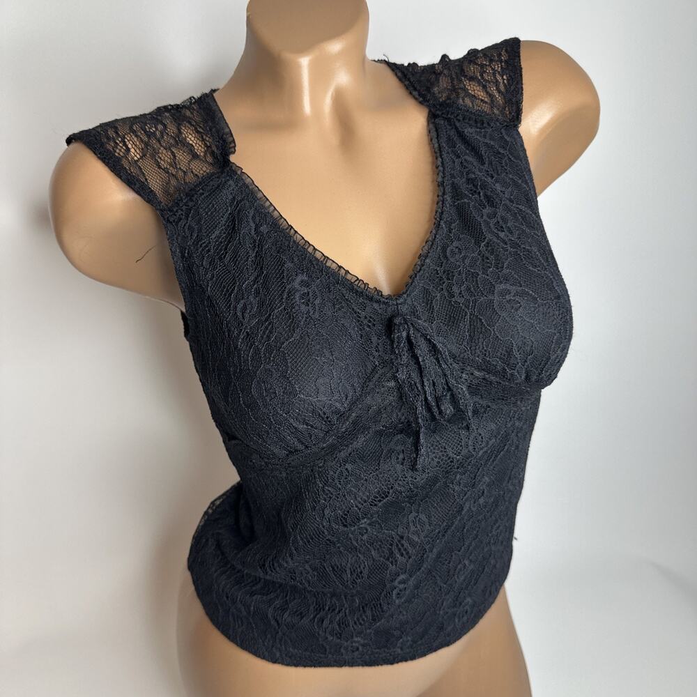 No Boundaries Womens Juniors Small Black Lace Sheer Bow Tie Top Grunge Goth Y2K